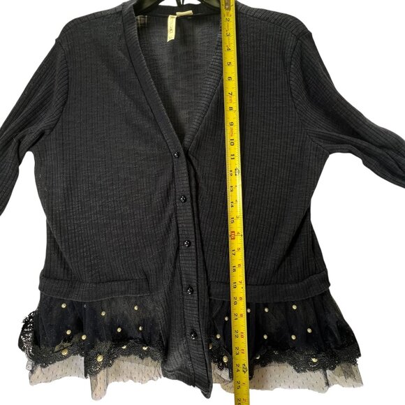 Forgotten Grace Cardigan Sheer Lace Hem Navy Blue Sweater Pearl Buttons Ribbed - Picture 15 of 15